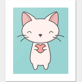 Kawaii Cute Cat With Heart T-Shirt Posters and Art